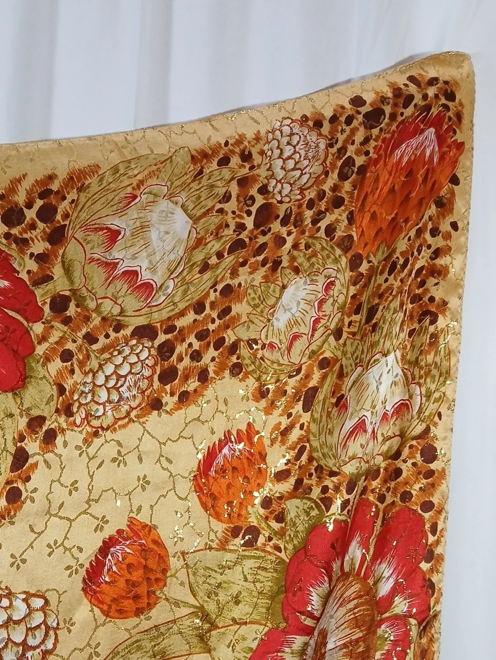 Womens Floral Silk Scarf Metallic Gold 34 Inch Square Orange Red